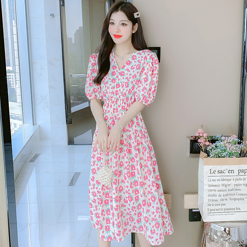 實拍2023夏季植物花卉雪紡淑女甜美V領荷葉邊裙小清新連衣裙