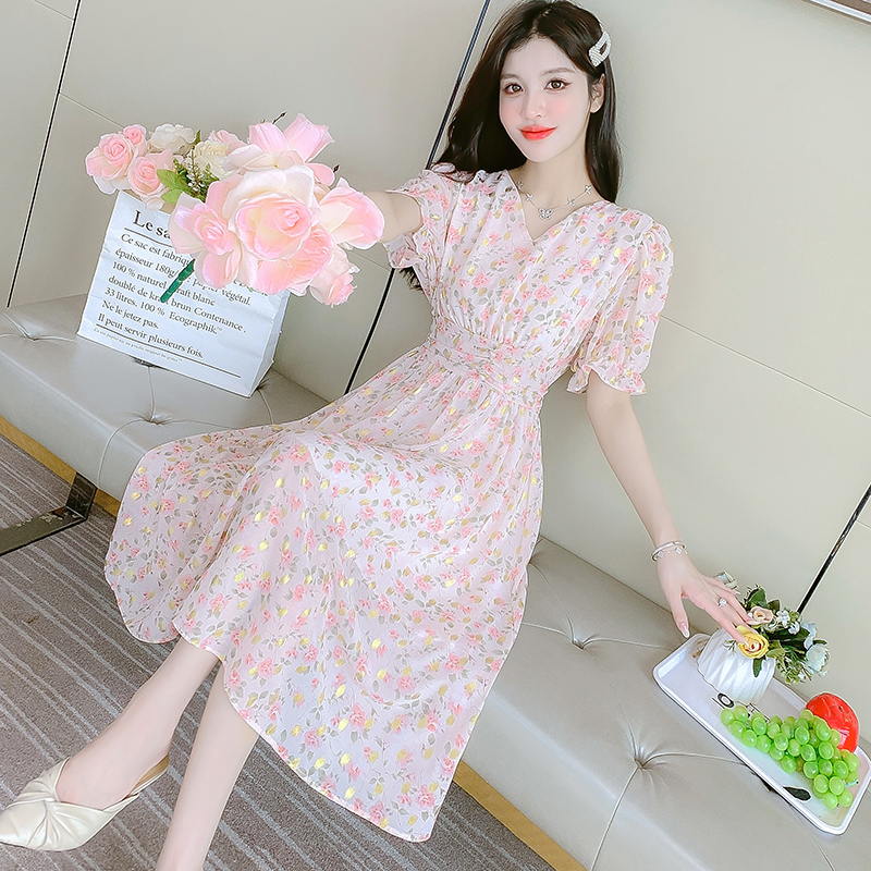 實拍2023夏季淑女甜美小清新荷葉邊裙名媛風雪紡連衣裙