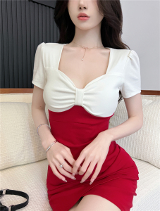 Sexy V-neck low cut color matching bow tie slim fitting short sleeved dress