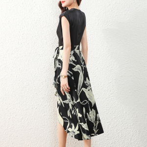 RM6735#夏真丝桑蚕丝设计感短袖系带V领印花气质连衣裙宽松长裙女