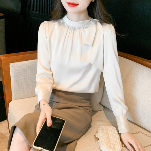RM23623#温婉柔美 法式杏色蝴蝶结缎面衬衫女设计感小众衬衣早秋上衣