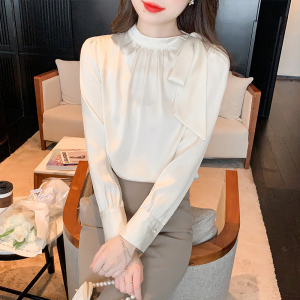 RM23623#温婉柔美 法式杏色蝴蝶结缎面衬衫女设计感小众衬衣早秋上衣