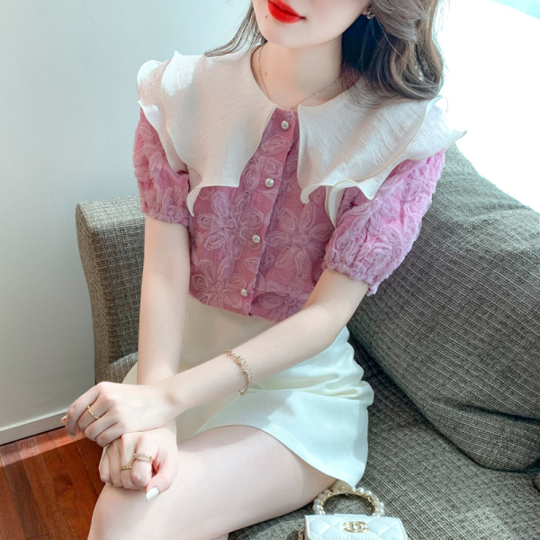 RM5835#夏季新款韩版百搭提花重工显瘦减龄短袖荷叶边雪纺上衣女