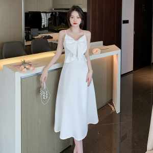 RM4770#蝴蝶结造型吊带裙2023春新款女 白色A字中长款连衣裙