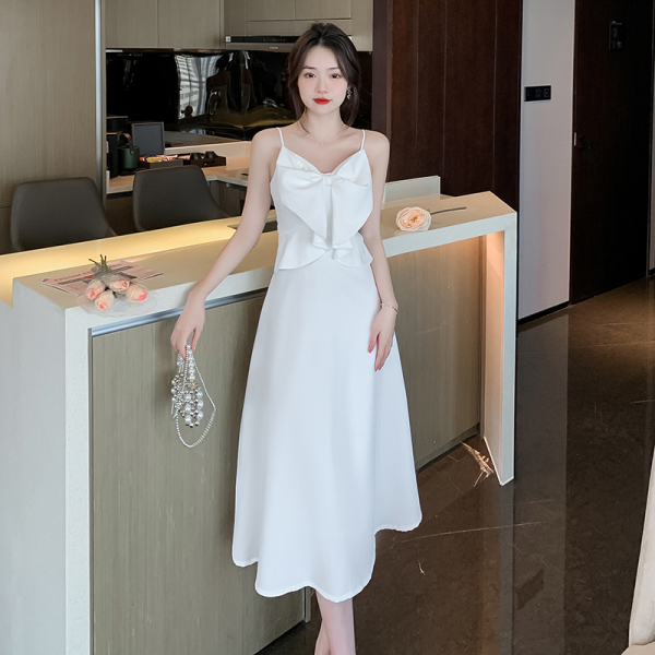 RM4770#蝴蝶结造型吊带裙2023春新款女 白色A字中长款连衣裙