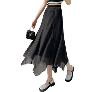 RM16453#夏季新款简约淑女温柔小个子纱裙不规则钉珠仙女半身裙