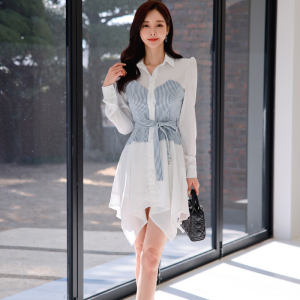 RM4366#新款韩版时尚收腰显瘦鱼尾拼接衬衣裙设计感不规则连衣裙
