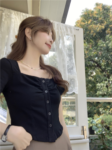 RM3602#夏季新款显瘦单排扣纯色短袖T恤上衣