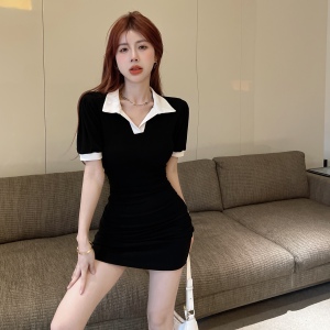 RM18314#夏装复古POLO领修身连衣裙设计感胸型包臀裙女