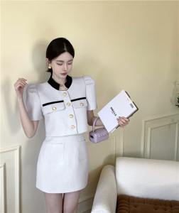 RM8845#小香风高级拼接外套上衣+高腰半身裙套装