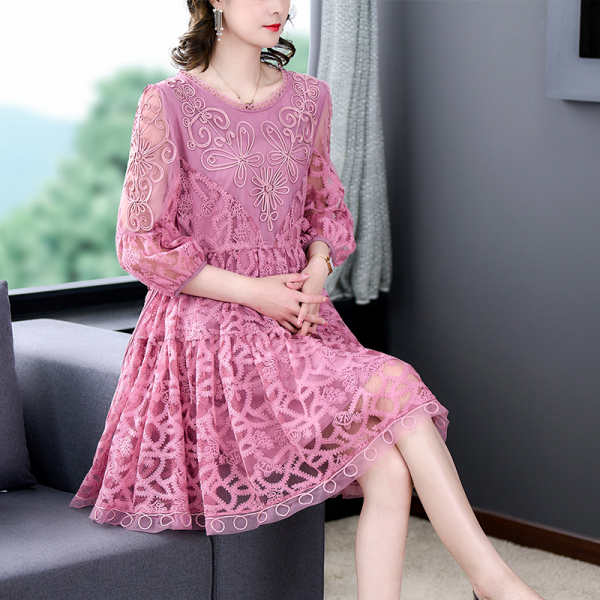 RM4943#夏新款时尚洋气系带大码显瘦气质减龄重工刺绣拼接连衣裙