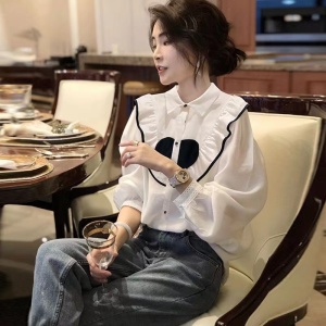TR18951# 白色长袖衬衫女宫廷风减龄荷叶边洋气韩版小衫春装新款欧货
