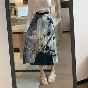 RM13425#春夏新款高腰显瘦遮胯水墨画百褶半身裙女设计感小众长裙