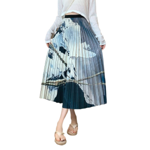 RM13425#春夏新款高腰显瘦遮胯水墨画百褶半身裙女设计感小众长裙