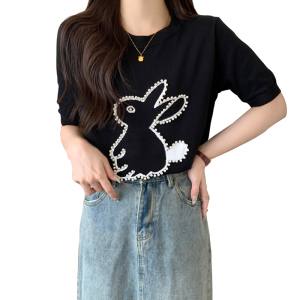 RM5624#大码女装2023夏季新款本命年兔子洋气重工钉珠百搭短袖上衣