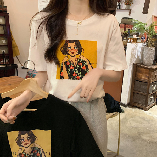 RM3162#油画印花t恤女短袖夏季宽松显瘦圆领纯棉半袖网红上衣潮