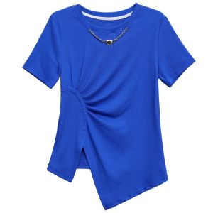RM5893#纯棉克莱因蓝短袖t恤女2023年夏季新款不规则设计感正肩上衣ins潮