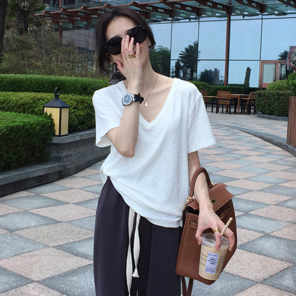 RM7205#v领竹节棉白色短袖t恤女2023夏季宽松百搭洋气打底衫