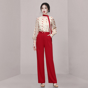RM4563#新款时尚气质两件套印花上衣衬衫红色阔腿裤裤子套装