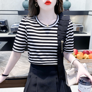TR15370# 新款韩版夏季条纹心机T恤修身圆领百搭上衣 服装批发女装服饰货源