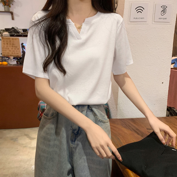 RM3163#设计感小众v领短袖t恤女韩版宽松显瘦纯色正肩打底衫上衣