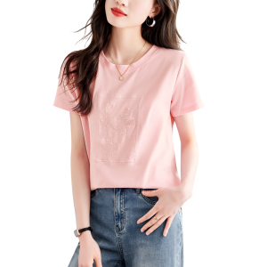 RM16527# 气质百搭粉色短袖2023夏新款立体花朵刺绣装饰T恤女
