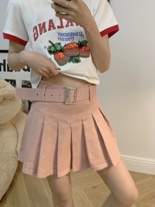 RM3581#韩版复古百搭短裙子配腰带高腰百褶半身裙女