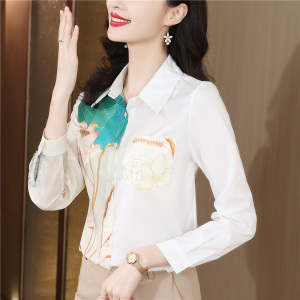 RM24114# 国风印花真丝衬衫女2023年秋季新款设计感小众时尚气质桑蚕丝小衫