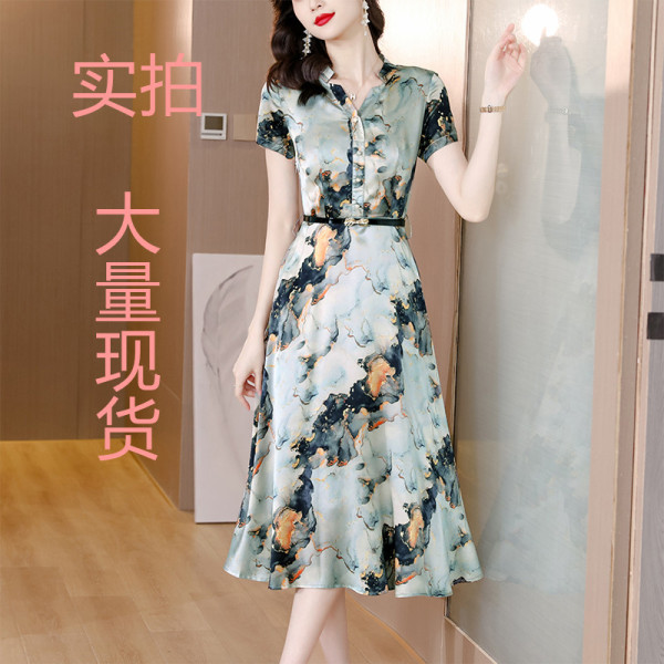 RM5466#夏季新款醋酸缎面短袖印花连衣裙显瘦洋气遮肚女装