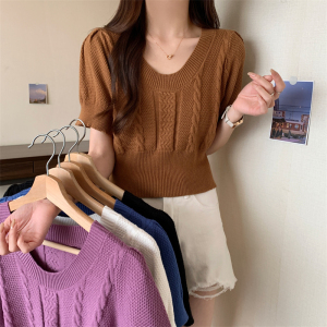 TR16870# 春夏新款韩版U领气质修身设计感短款纯色针织短袖T恤上衣 服装批发女装服饰货源