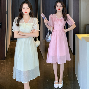 RM4403#新款短袖蝴蝶结钉珠淑女公主袖荷叶边裙纯色夏季连衣裙