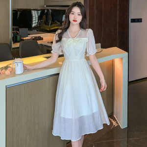 RM4403#新款短袖蝴蝶结钉珠淑女公主袖荷叶边裙纯色夏季连衣裙