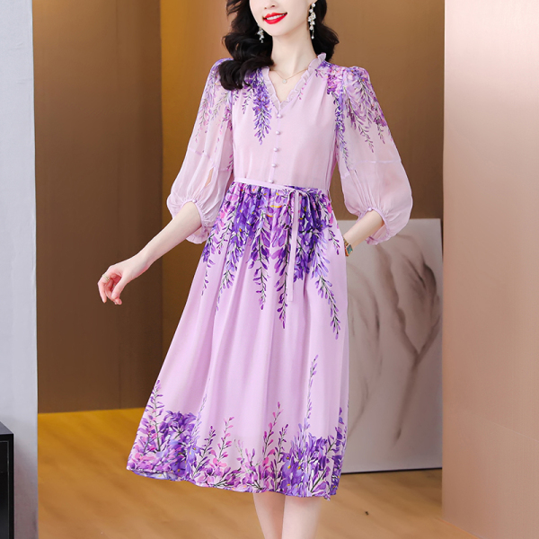 RM5748#真丝连衣裙中长款桑蚕丝大牌奢华女春夏季新款紫色气质碎花年轻款