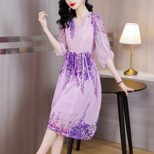 RM5748#真丝连衣裙中长款桑蚕丝大牌奢华女春夏季新款紫色气质碎花年轻款