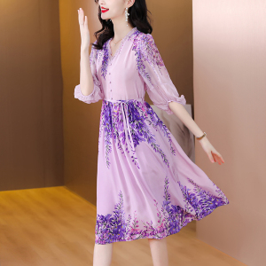 RM5748#真丝连衣裙中长款桑蚕丝大牌奢华女春夏季新款紫色气质碎花年轻款