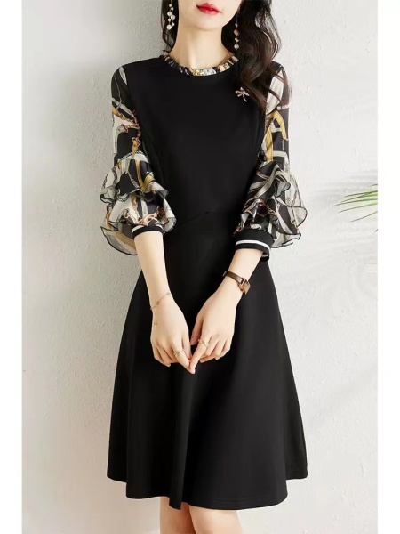 RM5682#新款韩版春装中长款收腰显瘦时尚气质七分袖A字连衣裙女士