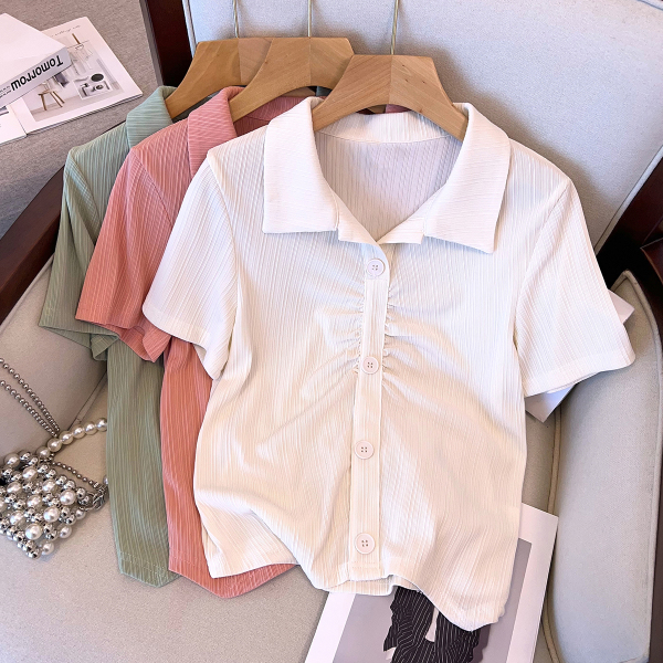 RM3592#夏装新款胖mm时尚百搭气质设计感皱褶polo领t恤