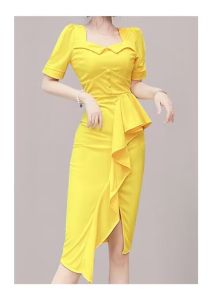 RM3985#夏装新款性感女装方领短袖小礼服荷叶边开叉连衣裙