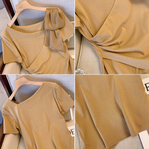 RM3064#大码女装 时尚设计感不规则T恤高档上衣女洋气纯色小衫