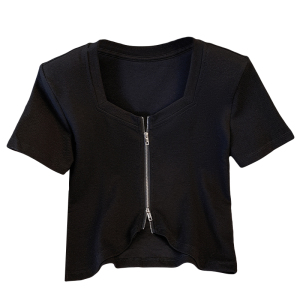 RM3063#大码女装 夏小香风方领不规则显瘦短袖拉链开衫T恤女