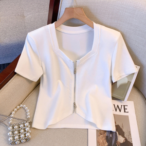 RM3063#大码女装 夏小香风方领不规则显瘦短袖拉链开衫T恤女