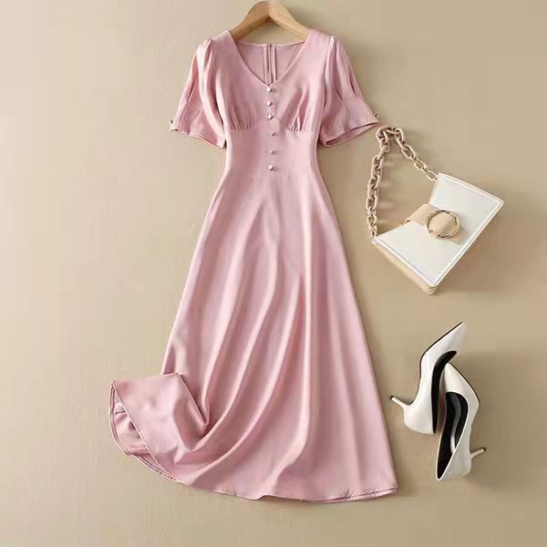 RM3227#法式通勤V领粉色连衣裙 夏季新款短袖高腰显瘦中长款A字裙