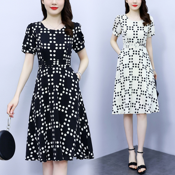 RM7382#大码女装2023夏季新款韩版收腰显瘦遮肉时尚波点印花连衣裙