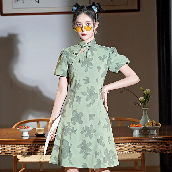 RM4645#国潮风文艺清新绿色泡泡袖日常可穿小香风改良旗袍法式复古裙子