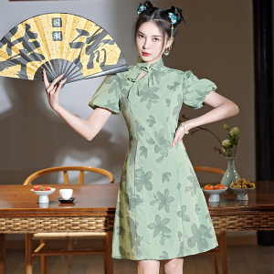 RM4645#国潮风文艺清新绿色泡泡袖日常可穿小香风改良旗袍法式复古裙子