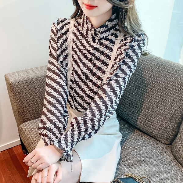 RM20675#新款法式气质时尚显瘦印花洋气长袖衬衣女