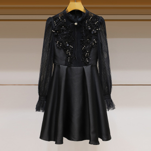 RM4424#法式小个 显瘦刺绣重工蕾丝长袖钉珠连衣裙女潮