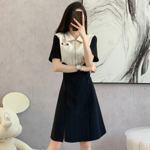 RM5862#撞色拼接连衣裙2023夏新款设计感小众休闲POLO领衬衫裙女