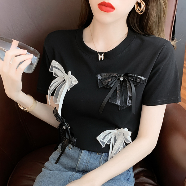 RM3213#黑色上衣女 夏季新款百搭洋气蝴蝶结短袖减龄显瘦圆领t恤潮