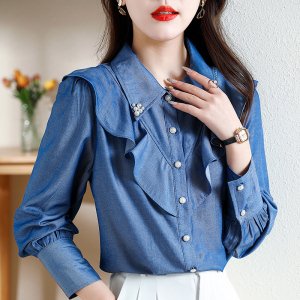 RM6789#蓝色荷叶边长袖衬衫女2023春装新款减龄小衫泡泡袖上衣潮
